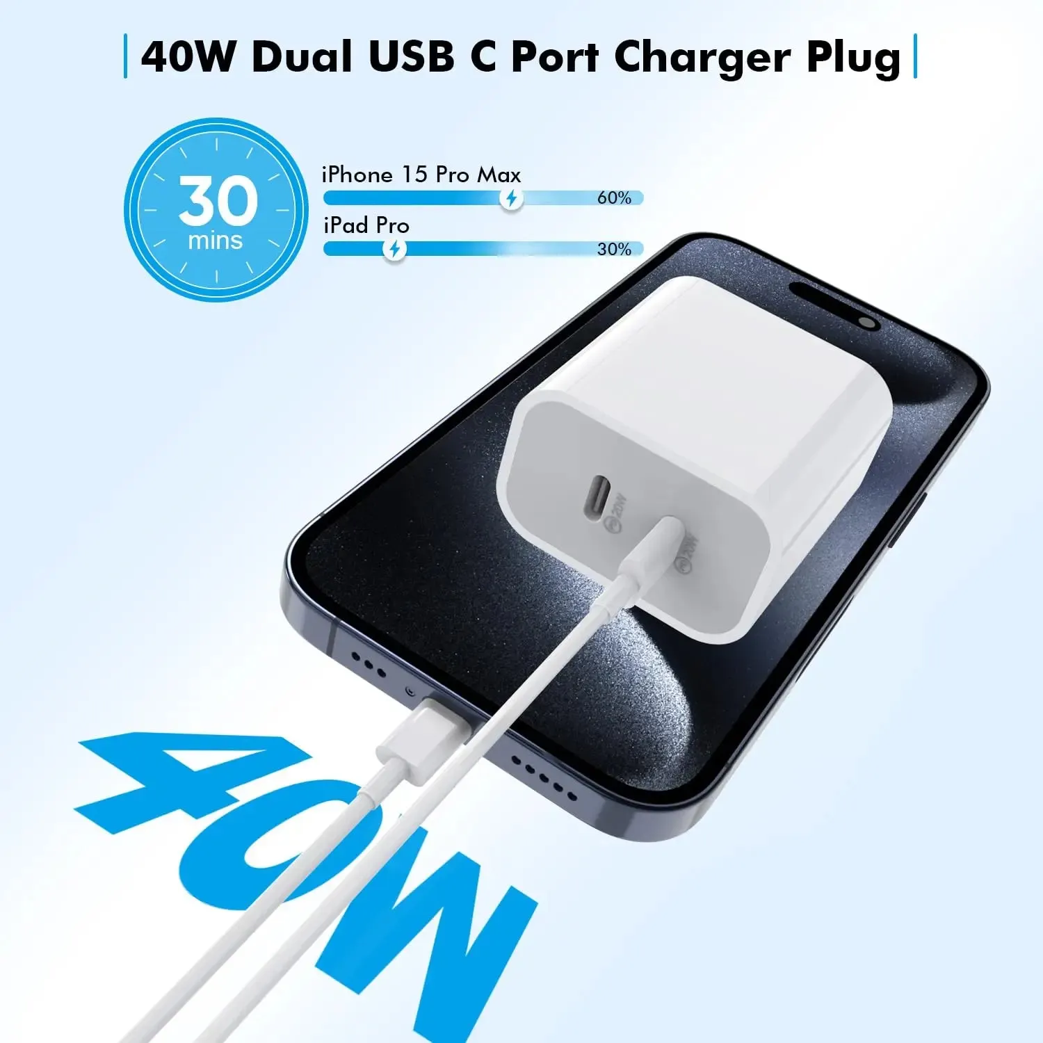 40W Dual Port iPhone 16 Charger   6FT Cable