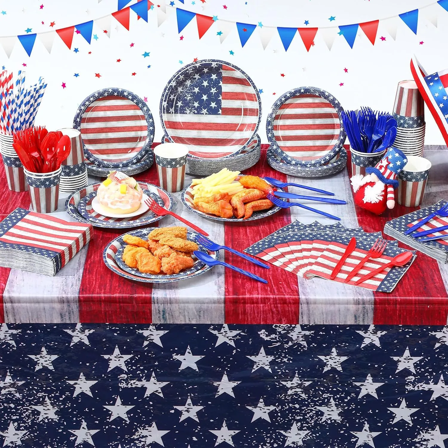 452 Pcs 4th of July Party Decoration American Flag Patriotic Paper Plates Napkins Cups Tablecloth Cutlery Straw Red White and Blue Independence Day Tableware for Memorial Day Party Supplies