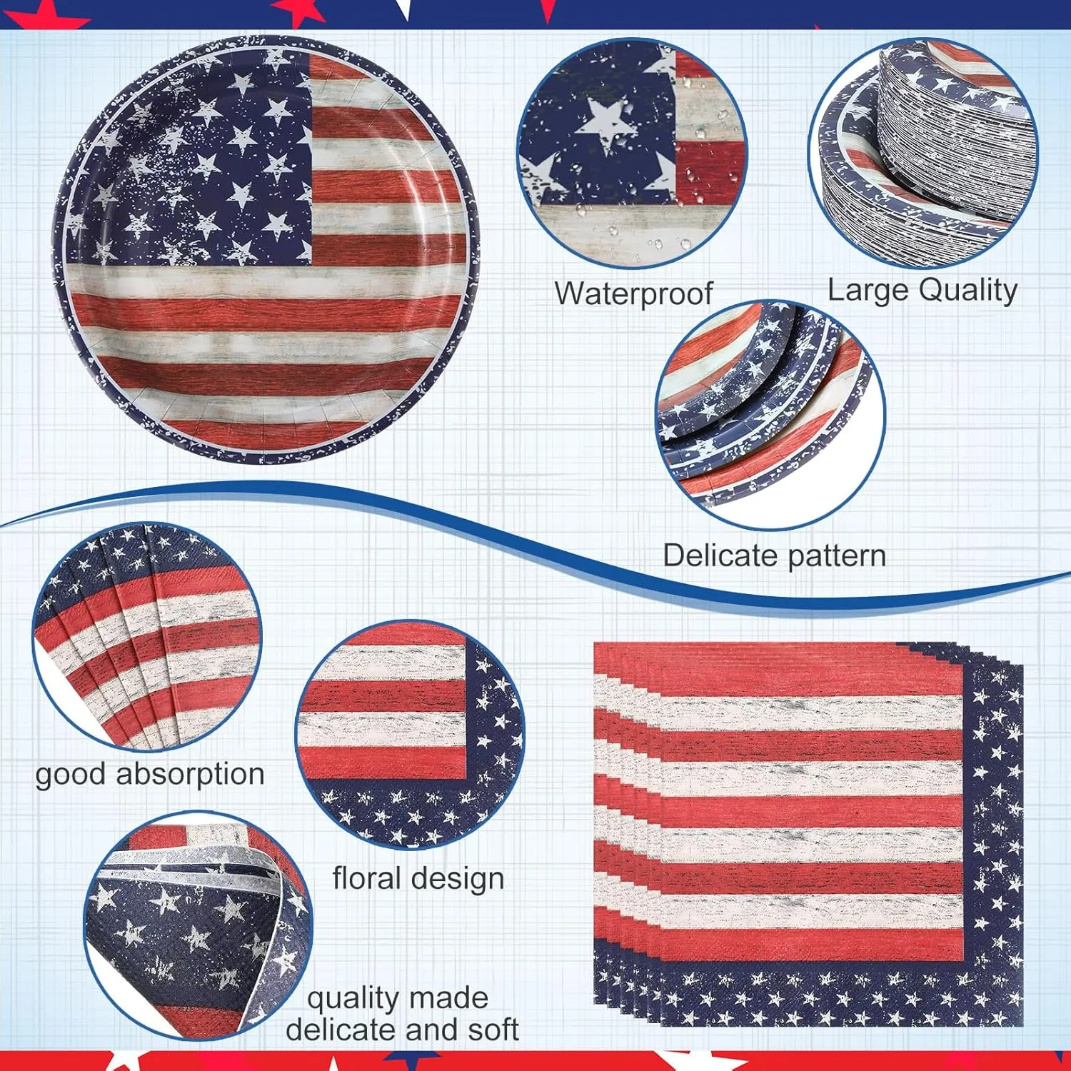 452 Pcs 4th of July Party Decoration American Flag Patriotic Paper Plates Napkins Cups Tablecloth Cutlery Straw Red White and Blue Independence Day Tableware for Memorial Day Party Supplies