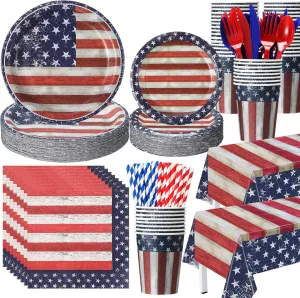 452 Pcs 4th of July Party Decoration American Flag Patriotic Paper Plates Napkins Cups Tablecloth Cutlery Straw Red White and Blue Independence Day Tableware for Memorial Day Party Supplies