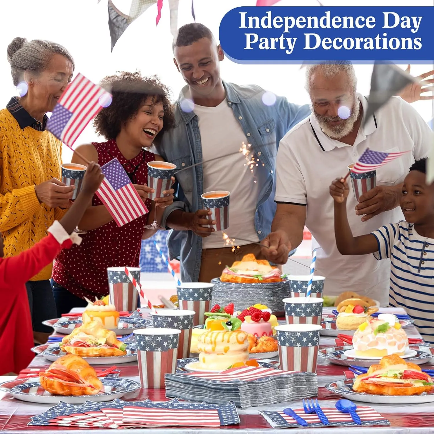 452 Pcs 4th of July Party Decoration American Flag Patriotic Paper Plates Napkins Cups Tablecloth Cutlery Straw Red White and Blue Independence Day Tableware for Memorial Day Party Supplies