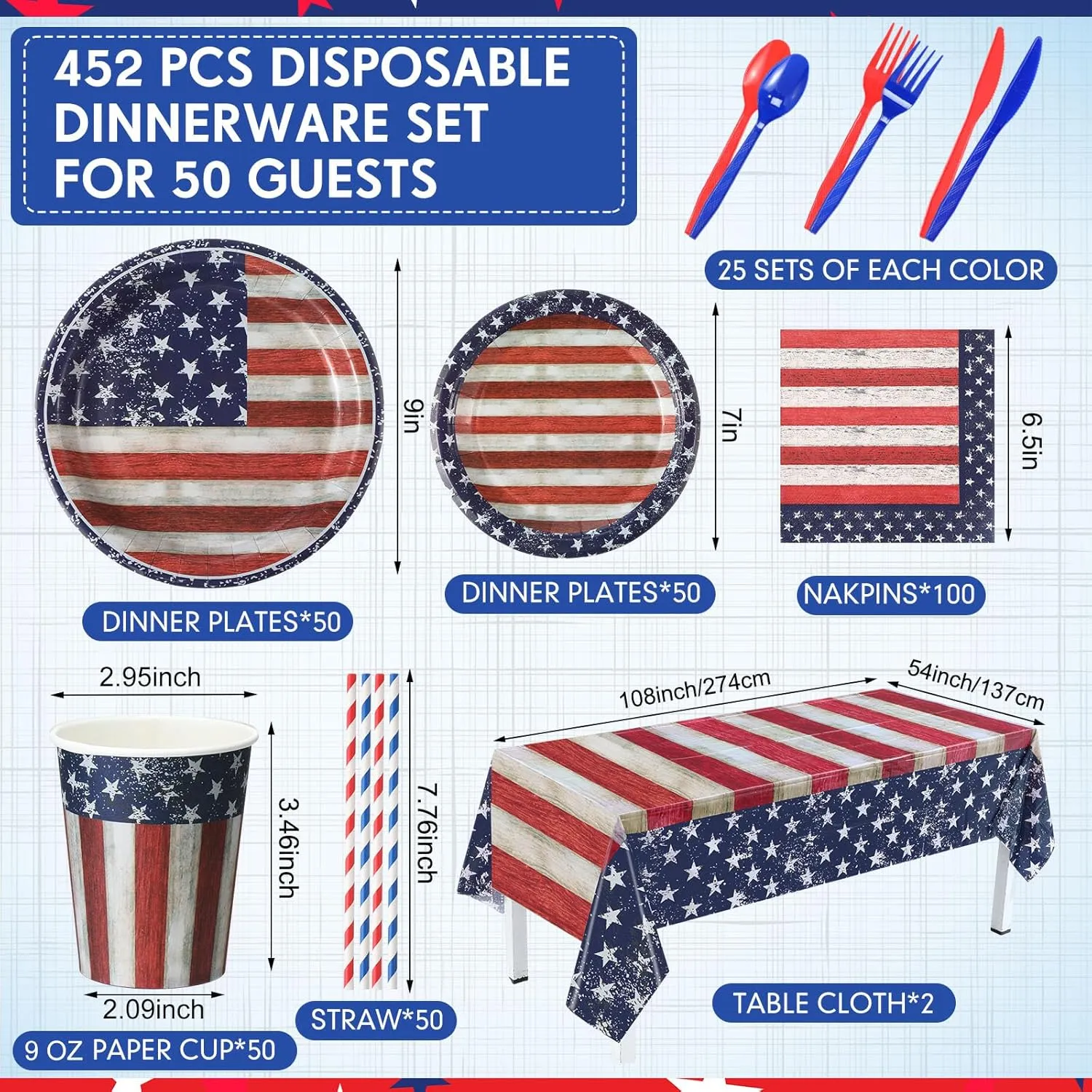 452 Pcs 4th of July Party Decoration American Flag Patriotic Paper Plates Napkins Cups Tablecloth Cutlery Straw Red White and Blue Independence Day Tableware for Memorial Day Party Supplies