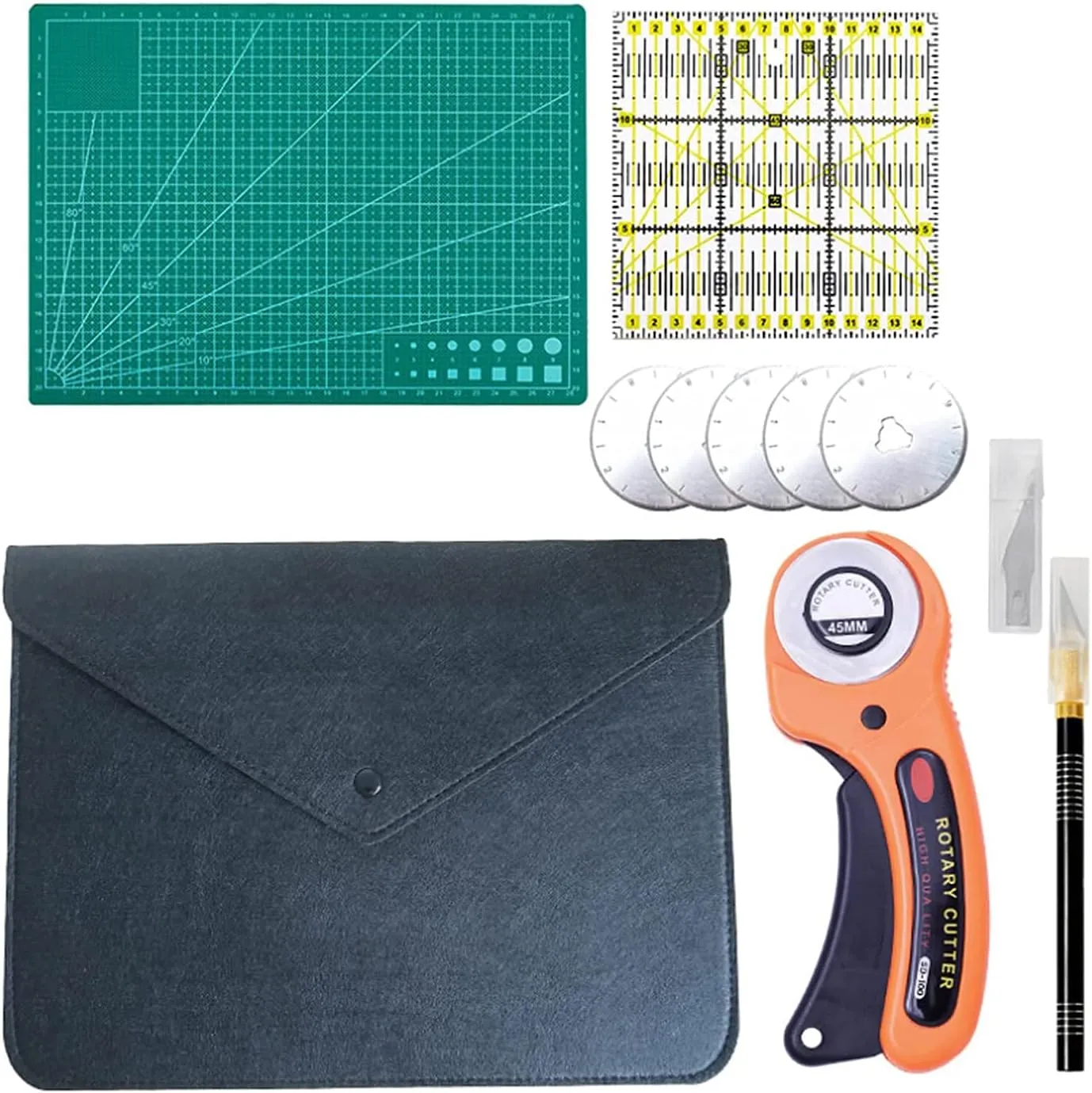 45mm Rotary Cutter Set-Fabric Cutter with Storage Bag, A4 Self Healing Cutting Mat, Acrylic Ruler, 5 Pcs Replacement Blades and Craft Carving Knife Ideal for Quilting, Crafting, Patchworking