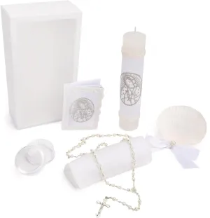 5 PCS Baptism Candle Set for Boys and Girls,Baptism Kit Virgen De Guadalupe Catholic Candle,Towel,Shell,Rosary,Bible for Baptismal Christening First Communion Gift