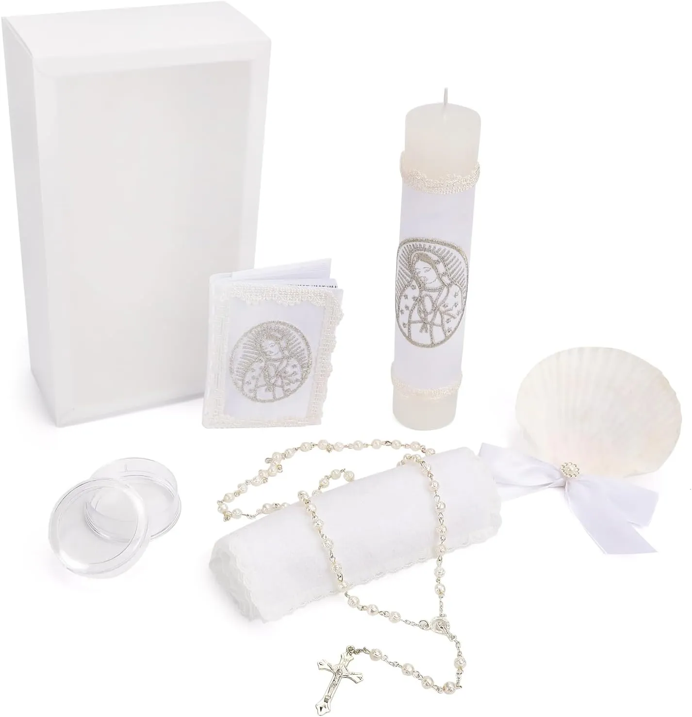 5 PCS Baptism Candle Set for Boys and Girls,Baptism Kit Virgen De Guadalupe Catholic Candle,Towel,Shell,Rosary,Bible for Baptismal Christening First Communion Gift