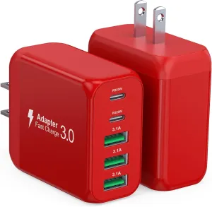 50W USB C Wall Charger, 2Pack 5-Port C Charger Fast Charging Block PD Power Adapter  QC 3.0 Multiport Type C Box Brick Cube USB A Wall Plug for iPhone 16/15/14/13 Pro Max, iPad,Samsung Galaxy(Red)