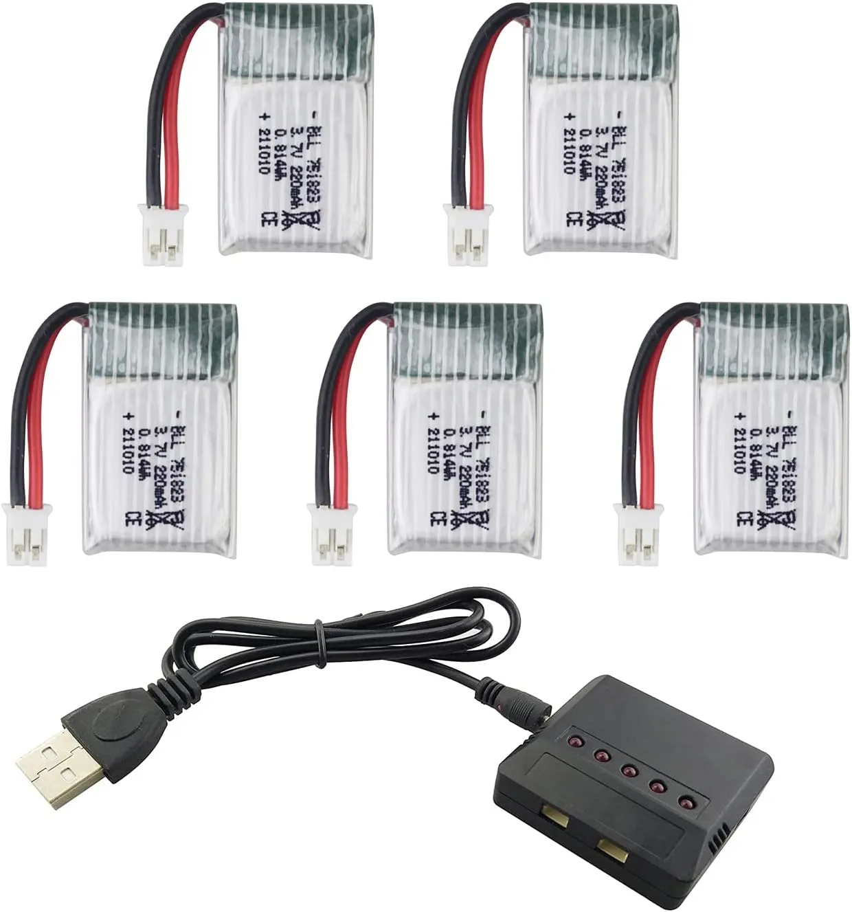 5PCS 3.7V 220mAh Battery with 5-in-1 Charger for E010 GoolRC T36 NINHUI NH010 F36 JJRC H36 HS210 RC Drone