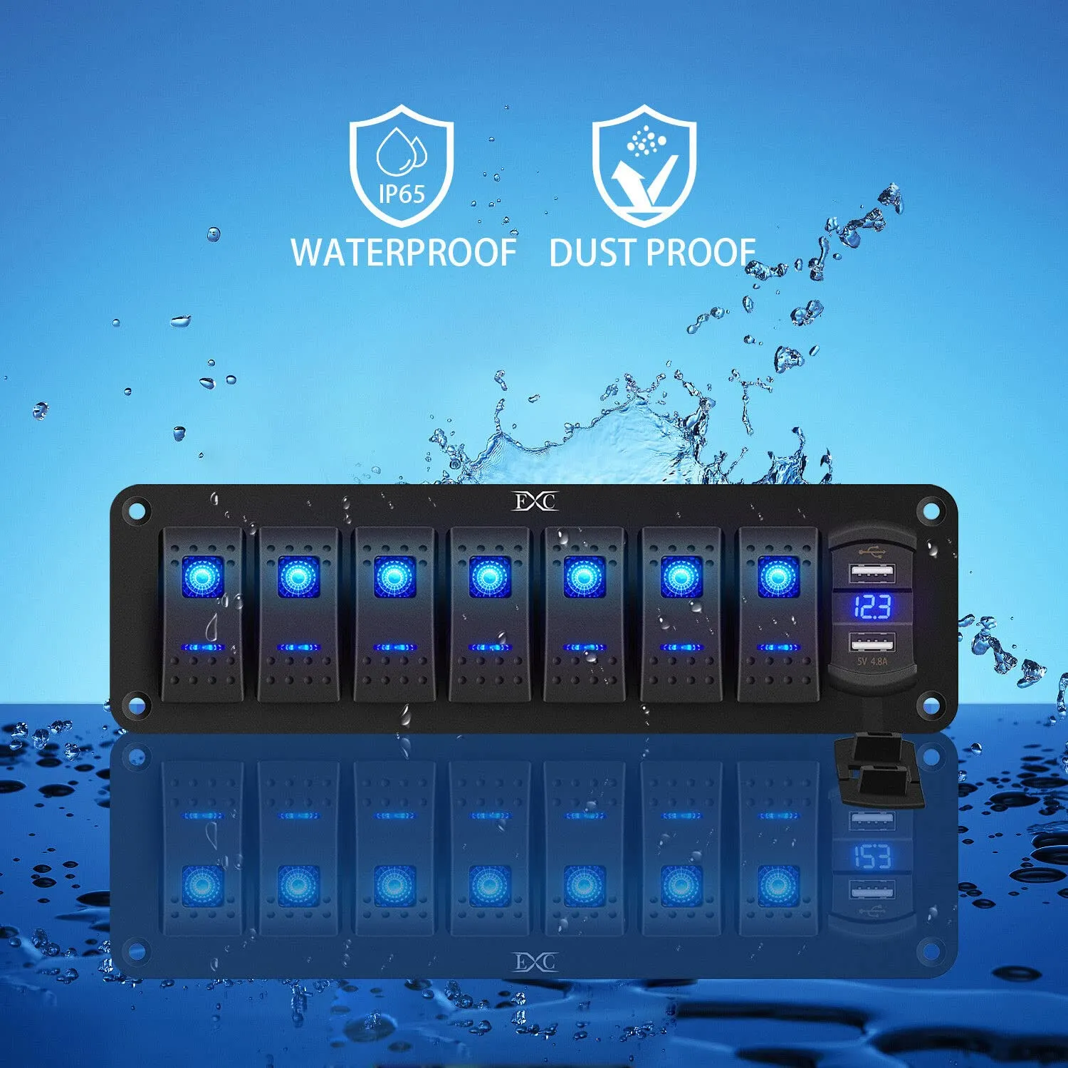 7 Gang Waterproof Marine Boat Rocker Switch Aluminum Panel, DC 12V/24V 5Pin ON-Off Switch, with LED Digital Display Voltmeter & 4.8A Dual USB Slot Socket for Car Rv Vehicles Truck, 3 Years Warranty