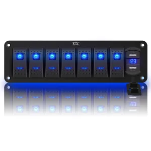 7 Gang Waterproof Marine Boat Rocker Switch Aluminum Panel, DC 12V/24V 5Pin ON-Off Switch, with LED Digital Display Voltmeter & 4.8A Dual USB Slot Socket for Car Rv Vehicles Truck, 3 Years Warranty