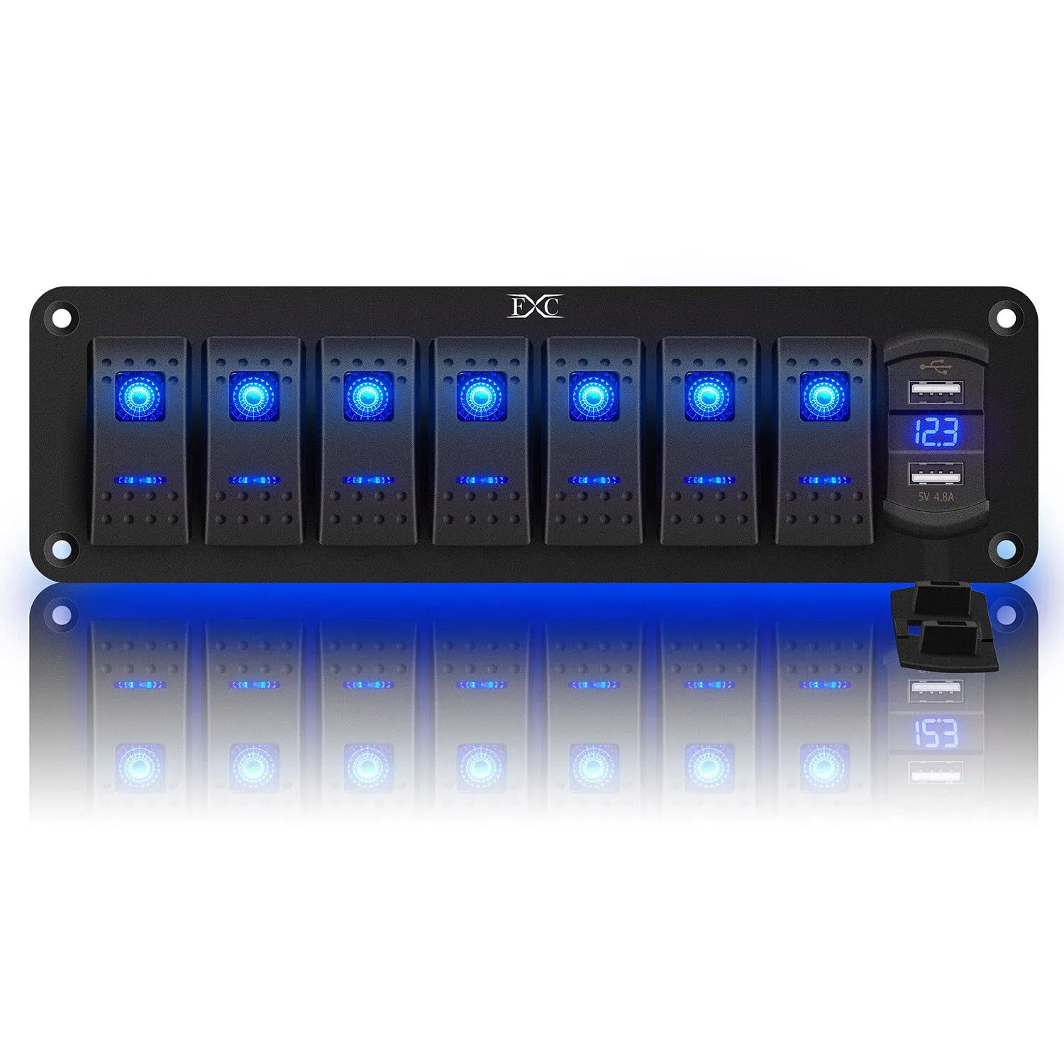 7 Gang Waterproof Marine Boat Rocker Switch Aluminum Panel, DC 12V/24V 5Pin ON-Off Switch, with LED Digital Display Voltmeter & 4.8A Dual USB Slot Socket for Car Rv Vehicles Truck, 3 Years Warranty