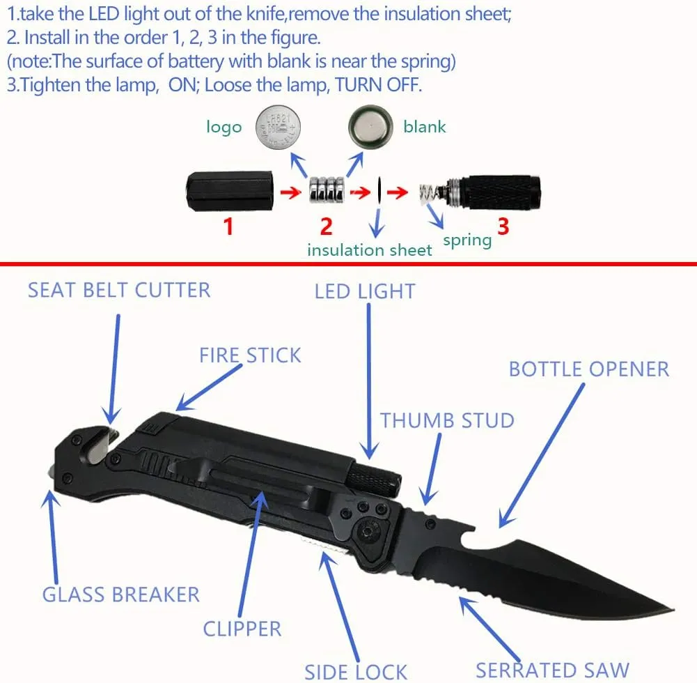 7-in-1 Tactical Survival Knife - Glass Breaker, Seatbelt Cutter, Serrated Steel Blade, Firestarter, LED Flashlight, Bottle Opener & Pouch | Military, Emergency, Outdoor Rescue Gear (Black)