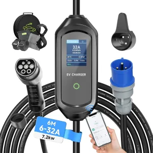 7.2kW Type 2 Charging Cable, 6/8/10/13/16/20/24/32A Adjustable Current, Charging Cable Electric car Type 2, EV Charger with Bag, 6M