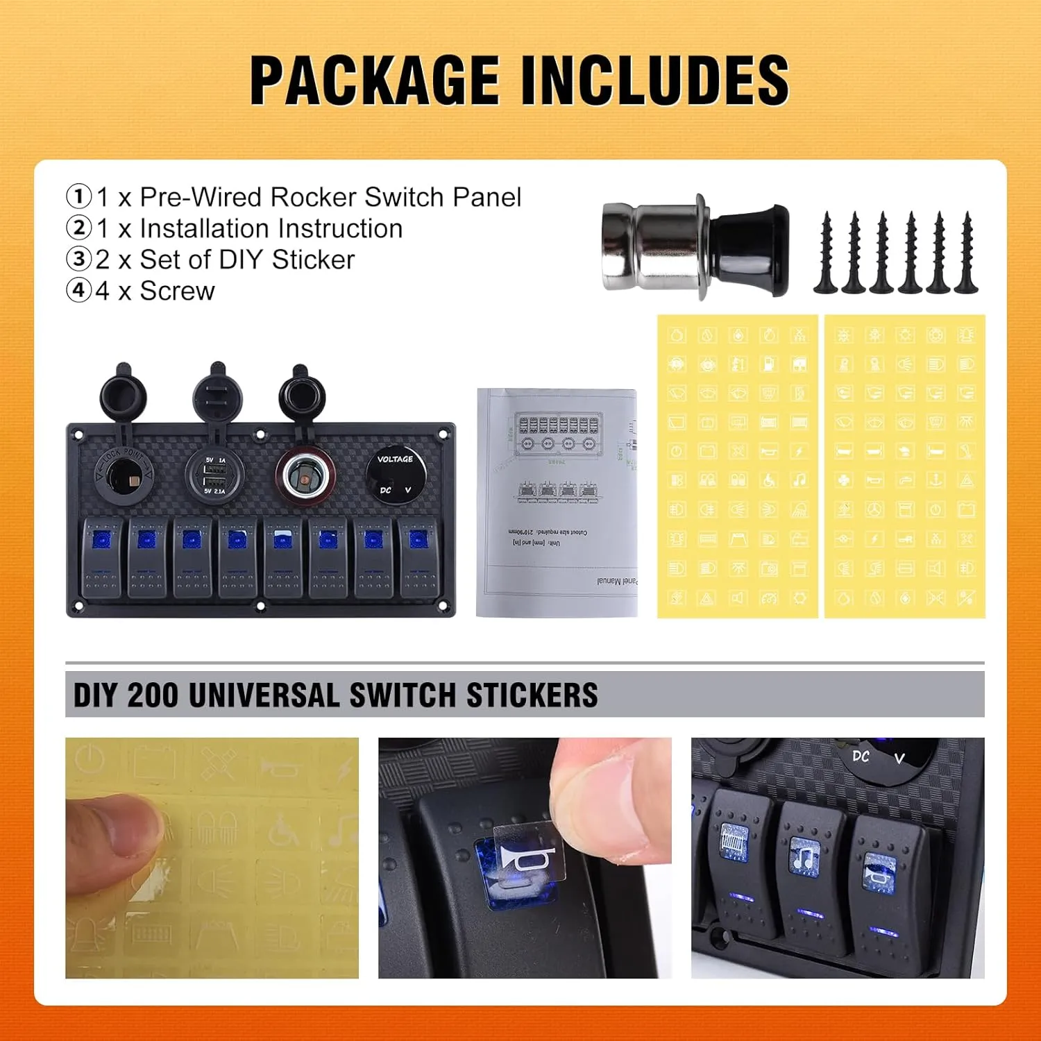 8 Gang Marine Boat Switch Panel Waterproof,12V-24volt 5pin On-Off Rocker Switch with 3.1A Dual USB Charger, Blue LED Light,15A Fuse Panel for Boat,Also Suitable for Car RV UTV Truck