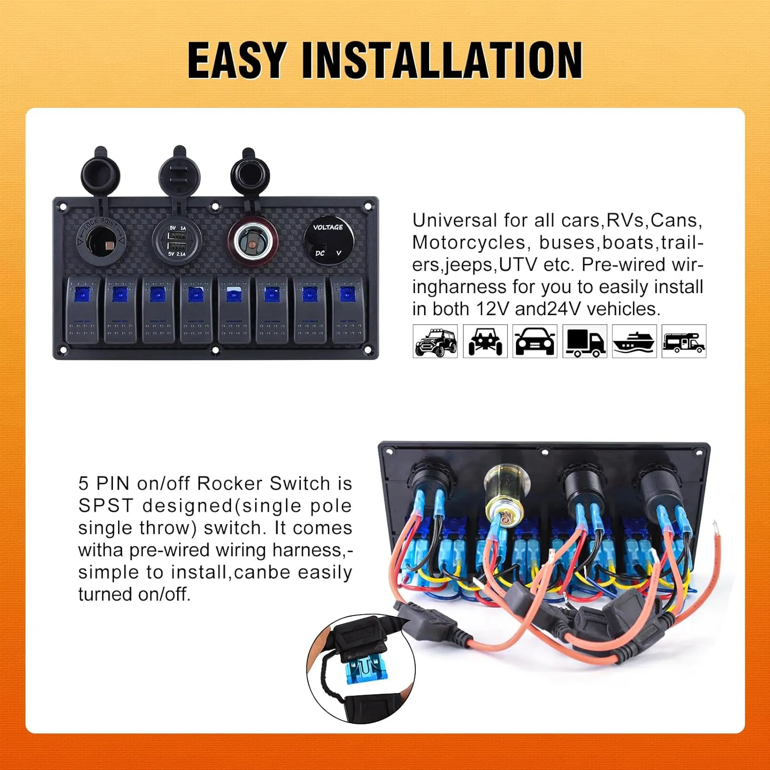 8 Gang Marine Boat Switch Panel Waterproof,12V-24volt 5pin On-Off Rocker Switch with 3.1A Dual USB Charger, Blue LED Light,15A Fuse Panel for Boat,Also Suitable for Car RV UTV Truck