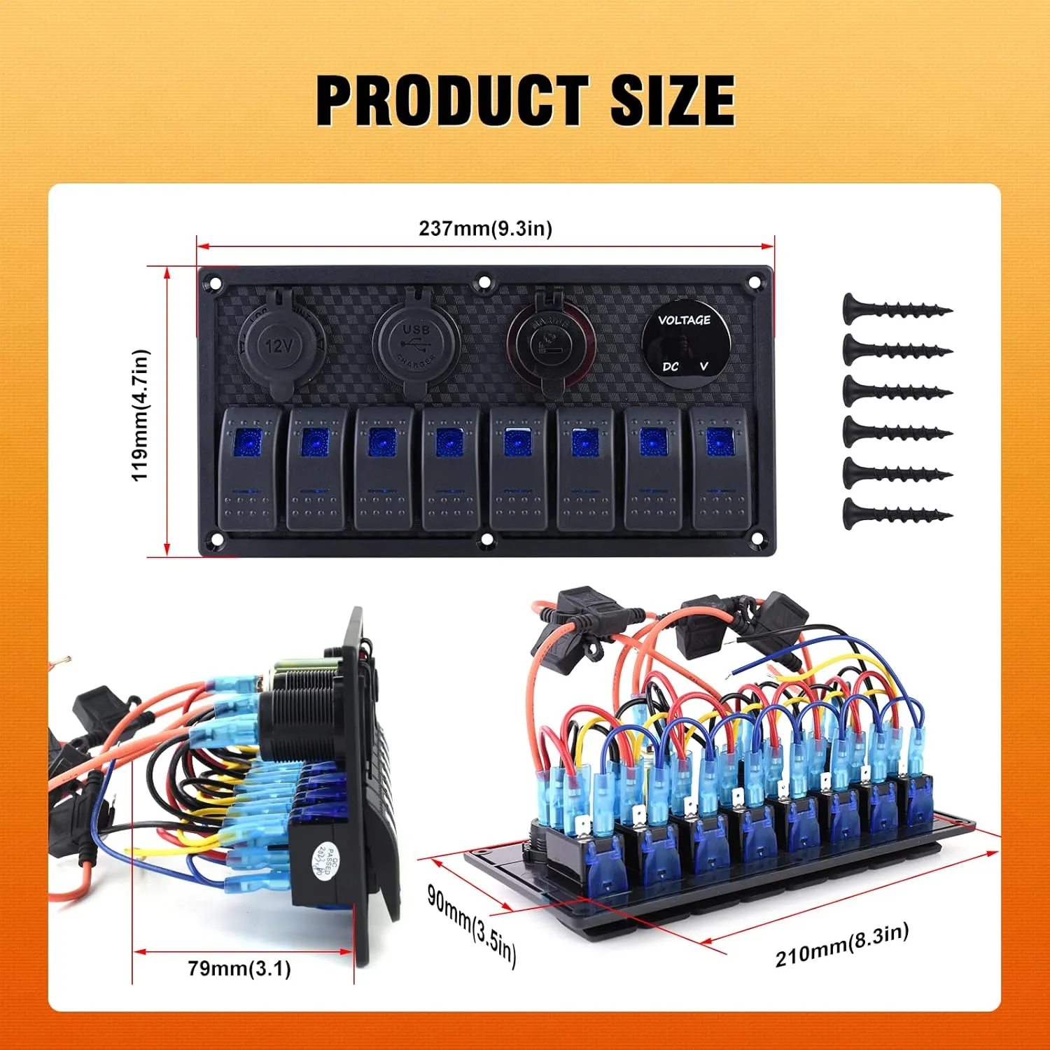 8 Gang Marine Boat Switch Panel Waterproof,12V-24volt 5pin On-Off Rocker Switch with 3.1A Dual USB Charger, Blue LED Light,15A Fuse Panel for Boat,Also Suitable for Car RV UTV Truck
