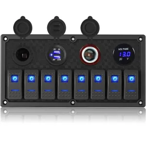 8 Gang Marine Boat Switch Panel Waterproof,12V-24volt 5pin On-Off Rocker Switch with 3.1A Dual USB Charger, Blue LED Light,15A Fuse Panel for Boat,Also Suitable for Car RV UTV Truck