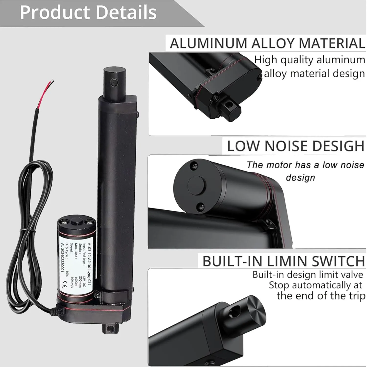 8 Inch Linear Actuator,1000N Speed 10mm/s Heavy Duty 12V Linear Actuator,Instantaneous Waterproof Switch with Mounting Bracket for Automotive RV Electric Door Opener (200mm)