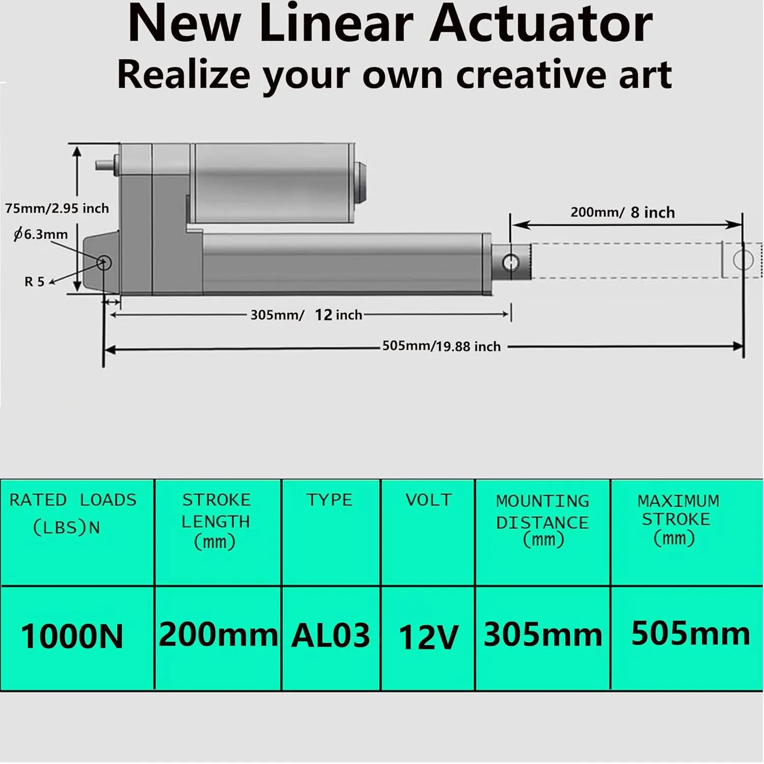 8 Inch Linear Actuator,1000N Speed 10mm/s Heavy Duty 12V Linear Actuator,Instantaneous Waterproof Switch with Mounting Bracket for Automotive RV Electric Door Opener (200mm)