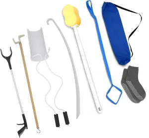8 Piece Hip/Knee/Back Surgery Aid Recovery Kit Selected by Occupational Therapist- Reacher Grabber-Dressing Stick-Sock Aid-Long Handle Shoe Horn-Leg Lifter-Long Handle Sponge-Grip Socks-Storage Bag