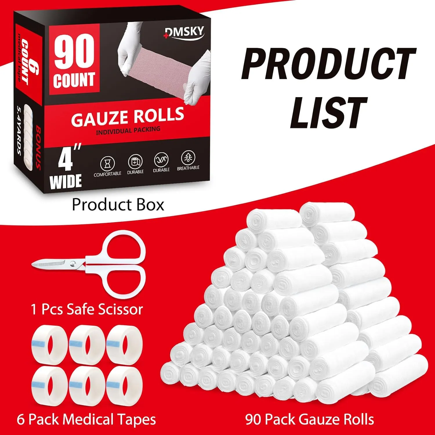 90 Pack Gauze Rolls, 4 in x 4.1 Yards, Individually Wrapped Breathable Rolled Gauze, Premium First Aid Supplies & Medical Supplies for Wounds