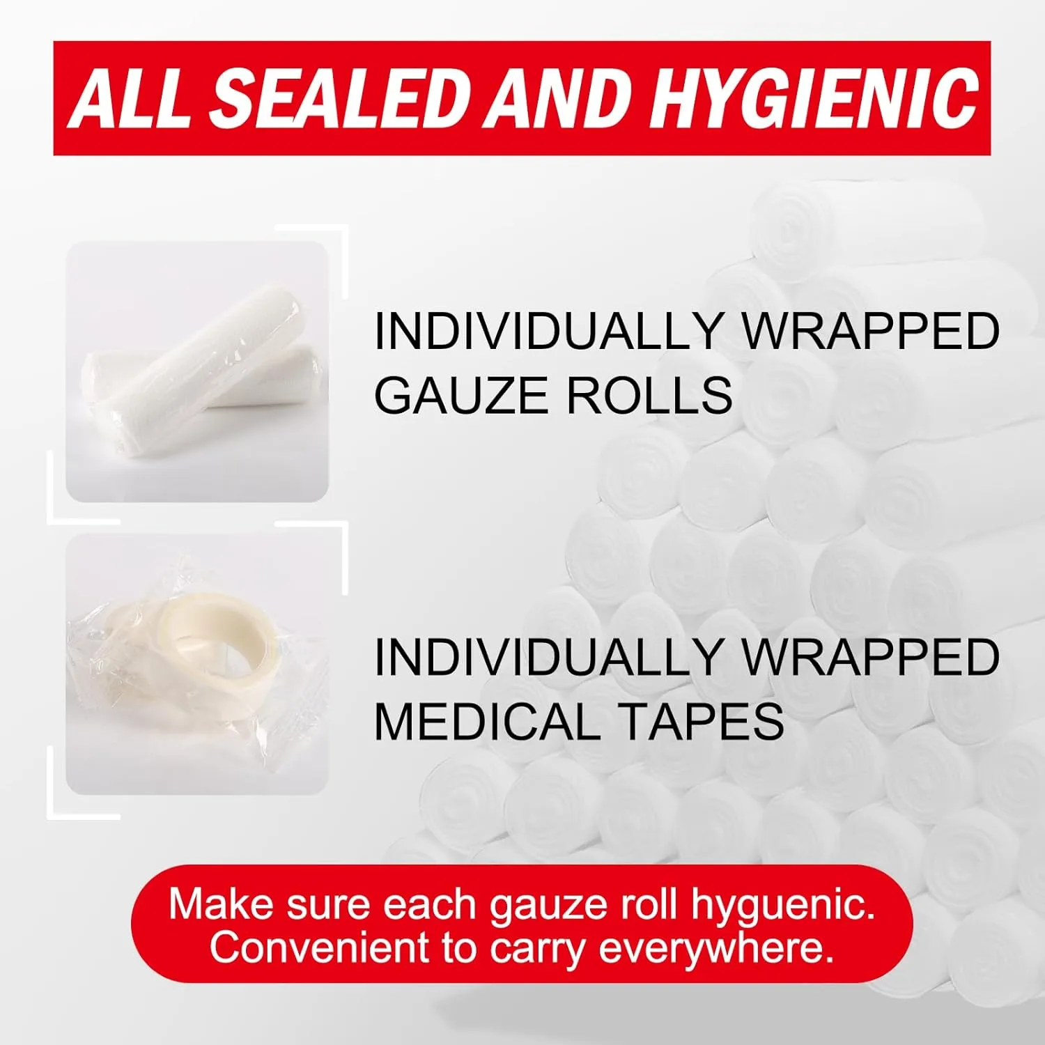 90 Pack Gauze Rolls, 4 in x 4.1 Yards, Individually Wrapped Breathable Rolled Gauze, Premium First Aid Supplies & Medical Supplies for Wounds