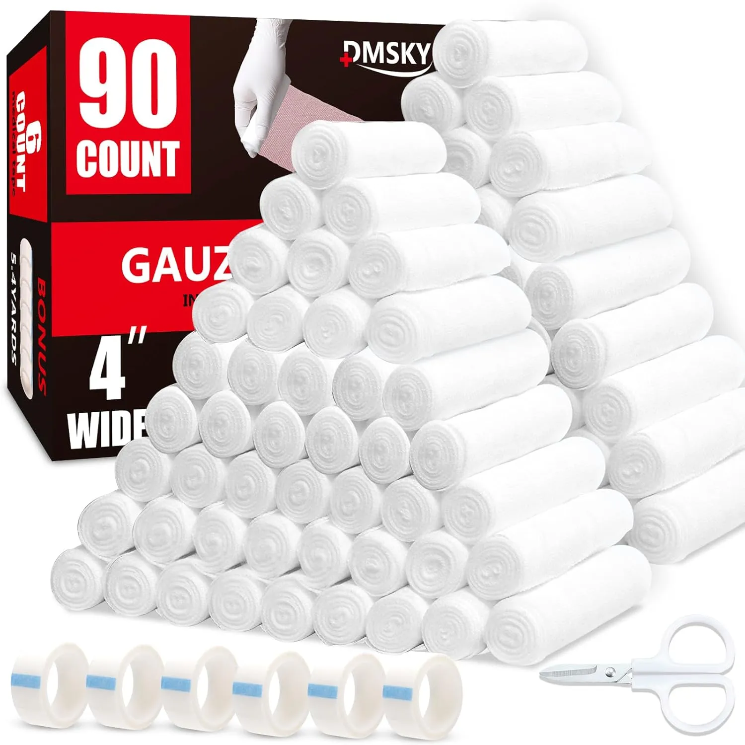 90 Pack Gauze Rolls, 4 in x 4.1 Yards, Individually Wrapped Breathable Rolled Gauze, Premium First Aid Supplies & Medical Supplies for Wounds