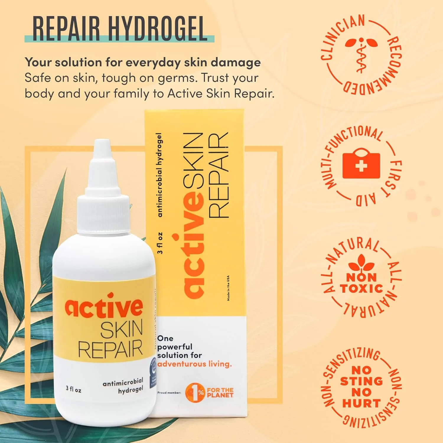 Active Skin Repair First Aid Healing Skin Hydrogel - Natural & Non-Toxic Repairing Ointment with Hypochlorus Acid for Minor Cuts, Wounds, Scrapes, Rashes, Sunburns, & More, HSA/FSA Eligible, 3 oz
