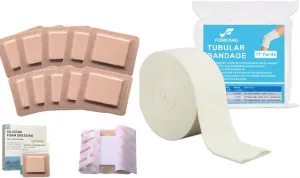 Advanced Wound Care Bundle: 10-Pack Silicone Foam Dressings 4x4   Reusable Compression Tubing (3" x11 yd) | Post-Surgery Recovery Kit for Bed Sores, Burns & Swelling | Waterproof, Non-Adherent