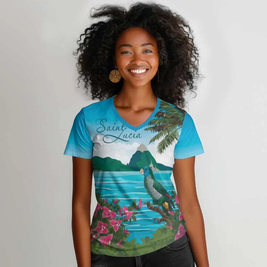 Afro-Saint Lucians Women V-Neck T-Shirt Pitons Landscape LT7