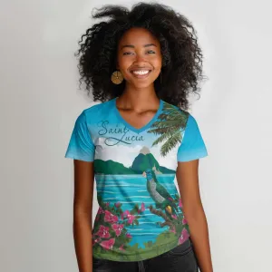 Afro-Saint Lucians Women V-Neck T-Shirt Pitons Landscape LT7