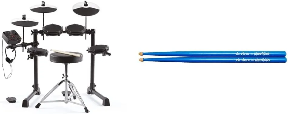 Alesis Drums Debut Kit – Kids Drum Set With 4 Quiet Mesh Electric Drum Pads, 120 Sounds, Drum Stool, Drum Sticks, Headphones and 100 Melodics Lessons & Vic Firth Kidsticks, Blue