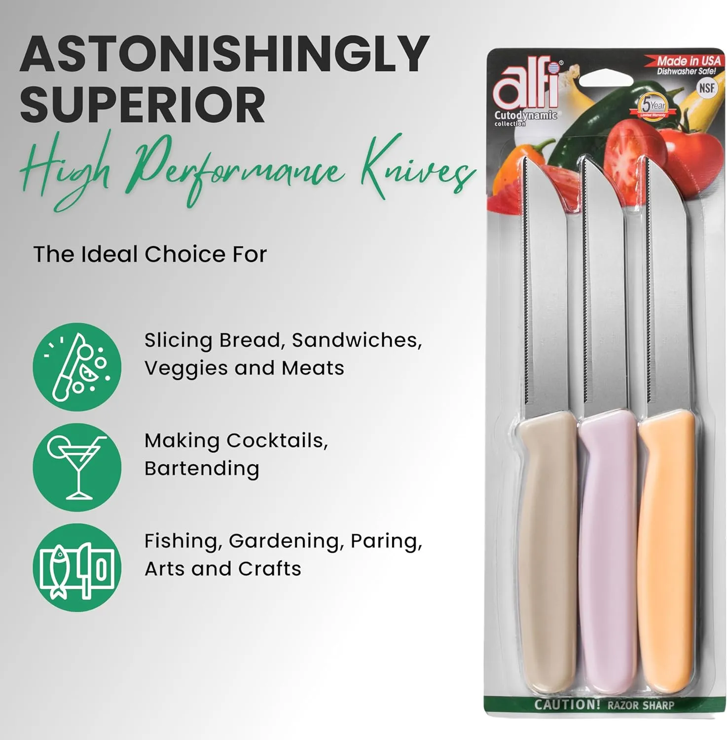 Alfi All-Purpose Knives Aerospace Precision Pointed Tip - Home And Kitchen Supplies - Serrated Steak Knives Set | Made in USA (Multicolor)