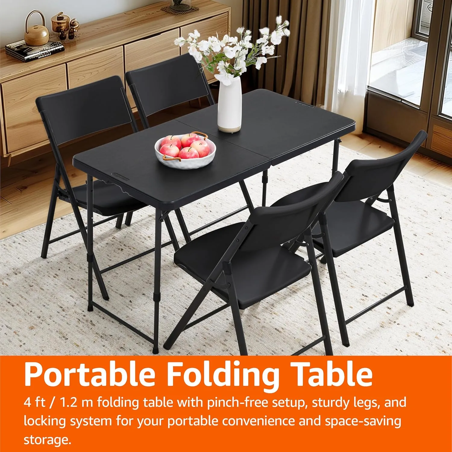 Amazon Basics 4 Foot Rectangular Folding Dining Table, 4 Adjustable Height Settings with Carrying Handle, Indoor & Outdoor, Washed Black, 47.8 x 23.9 x 33.9 in