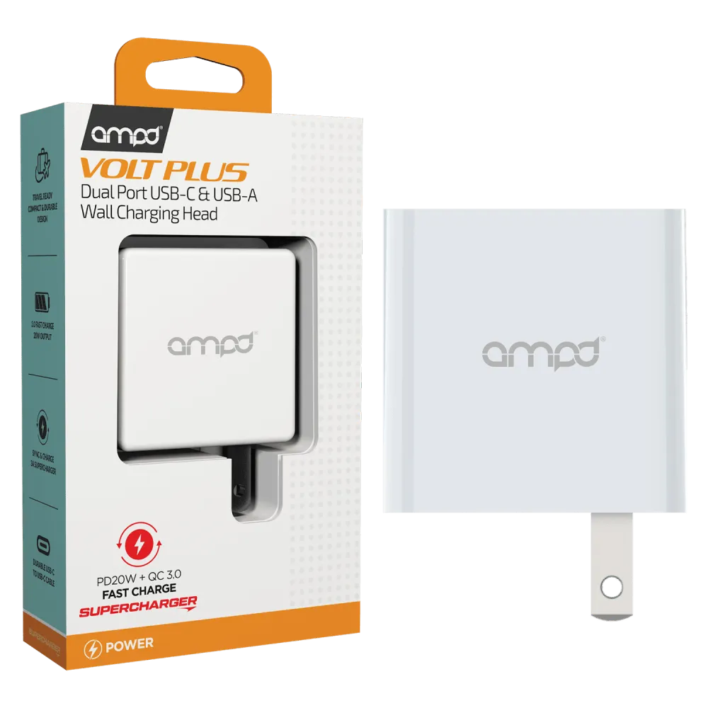 AMPD PD Fast 20W USB C and USB A Dual Port Wall Charger White