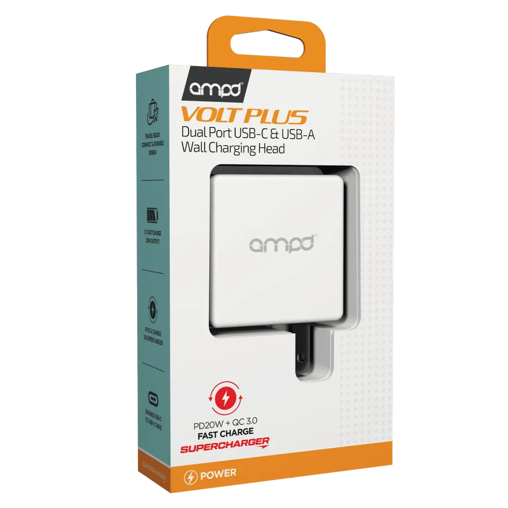 AMPD PD Fast 20W USB C and USB A Dual Port Wall Charger White