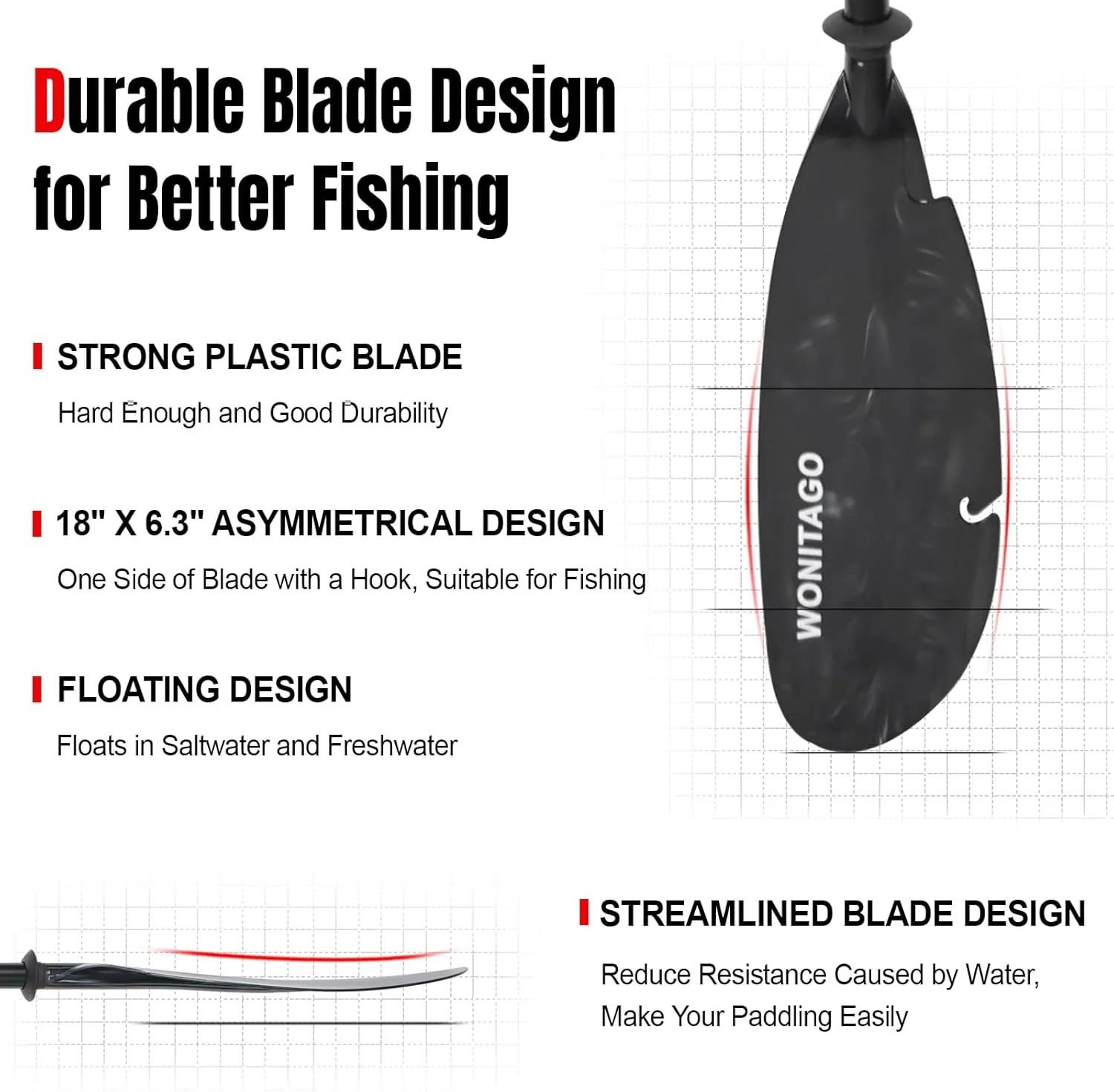 Angler Kayak Paddles Aluminum Paddle with Plastic Blades and Paddle Leash, Floating Adjustable Fishing Kayak Oars, 3 Piece, 230-250cm/90-98 inch