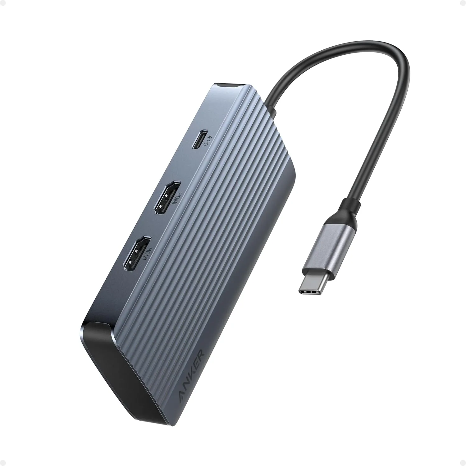 Anker 7-in-1 USB-C Hub, Dual Monitor USB C Docking Station, Dual HDMI Display, 100W Power Delivery, 10Gbps Data Transfers for Dell XPS, ThinkPad T14 Gen2 and More