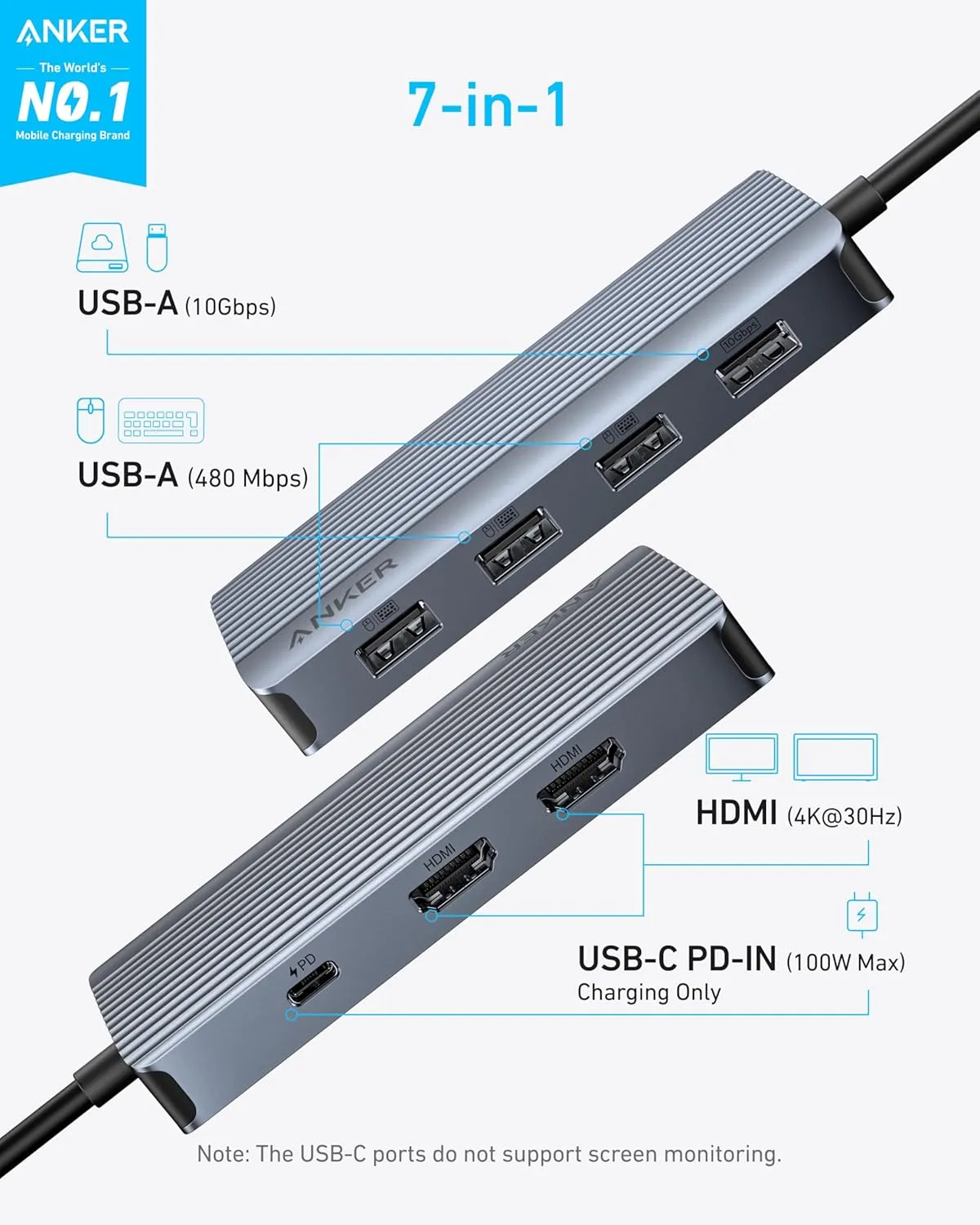 Anker 7-in-1 USB-C Hub, Dual Monitor USB C Docking Station, Dual HDMI Display, 100W Power Delivery, 10Gbps Data Transfers for Dell XPS, ThinkPad T14 Gen2 and More