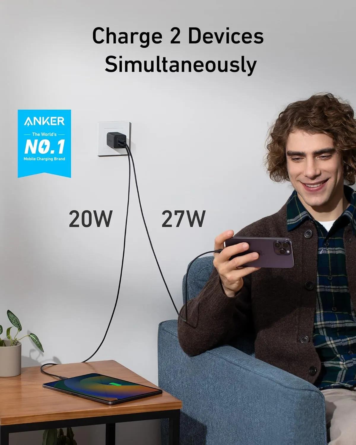 Anker Nano Charger, 47W 2 Port Compact Foldable GaN USB C Charger for iPhone 16/15 and More Series, Galaxy, Pixel, Compatible with MagSafe (Black)