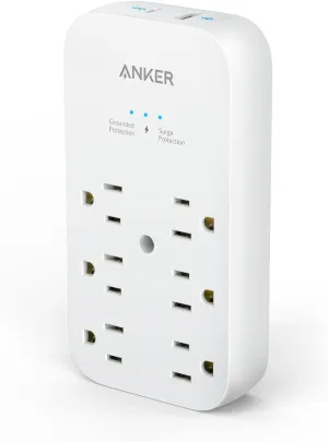 Anker Outlet Extender and USB Wall Charger, 6 Outlets and 2 USB Ports, 20W USB-C Power Delivery High-Speed Charging (2pack)