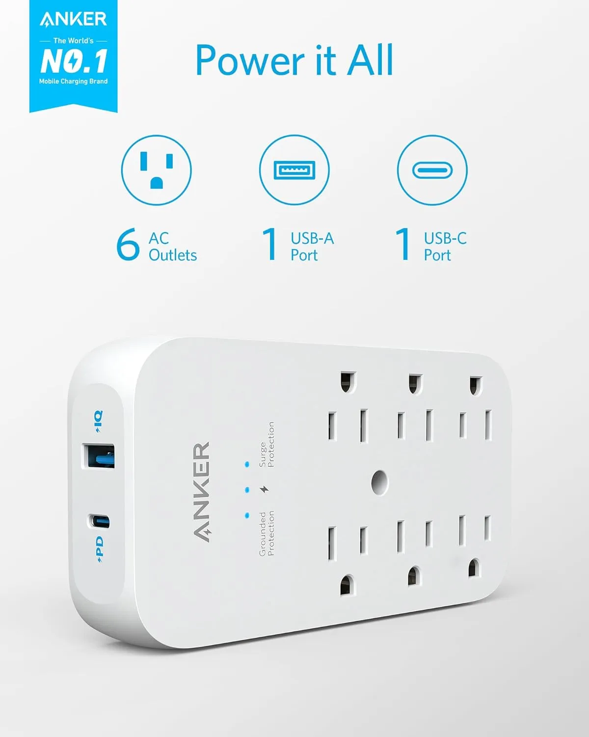 Anker Outlet Extender and USB Wall Charger, 6 Outlets and 2 USB Ports, 20W USB-C Power Delivery High-Speed Charging (2pack)