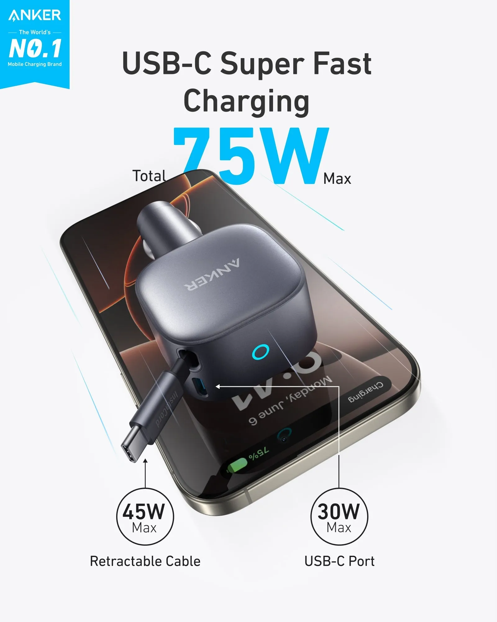 Anker USB-C Car Charger(75W Max Ultra-Compact Type-C Fast Car Charger with Built-In Retractable Cable)