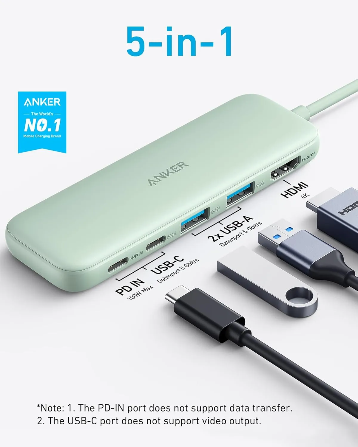 Anker USB C Hub, 5-in-1 USBC to HDMI Hub with 4K Display, 5Gbps USB-C and 2 5Gbps USB-A Data Ports for MacBook Pro, MacBook Air, Dell XPS, Lenovo Thinkpad, HP Laptops and More (Green)