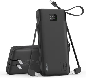 ANOUV Portable Charger with Built-in Cables&AC Wall Plug,10000mAh Power Bank,PD 22.5W USB-C Fast Charging External Battery Pack with LED Display Compatible with iPhones and All Smart Device（1 Pack）