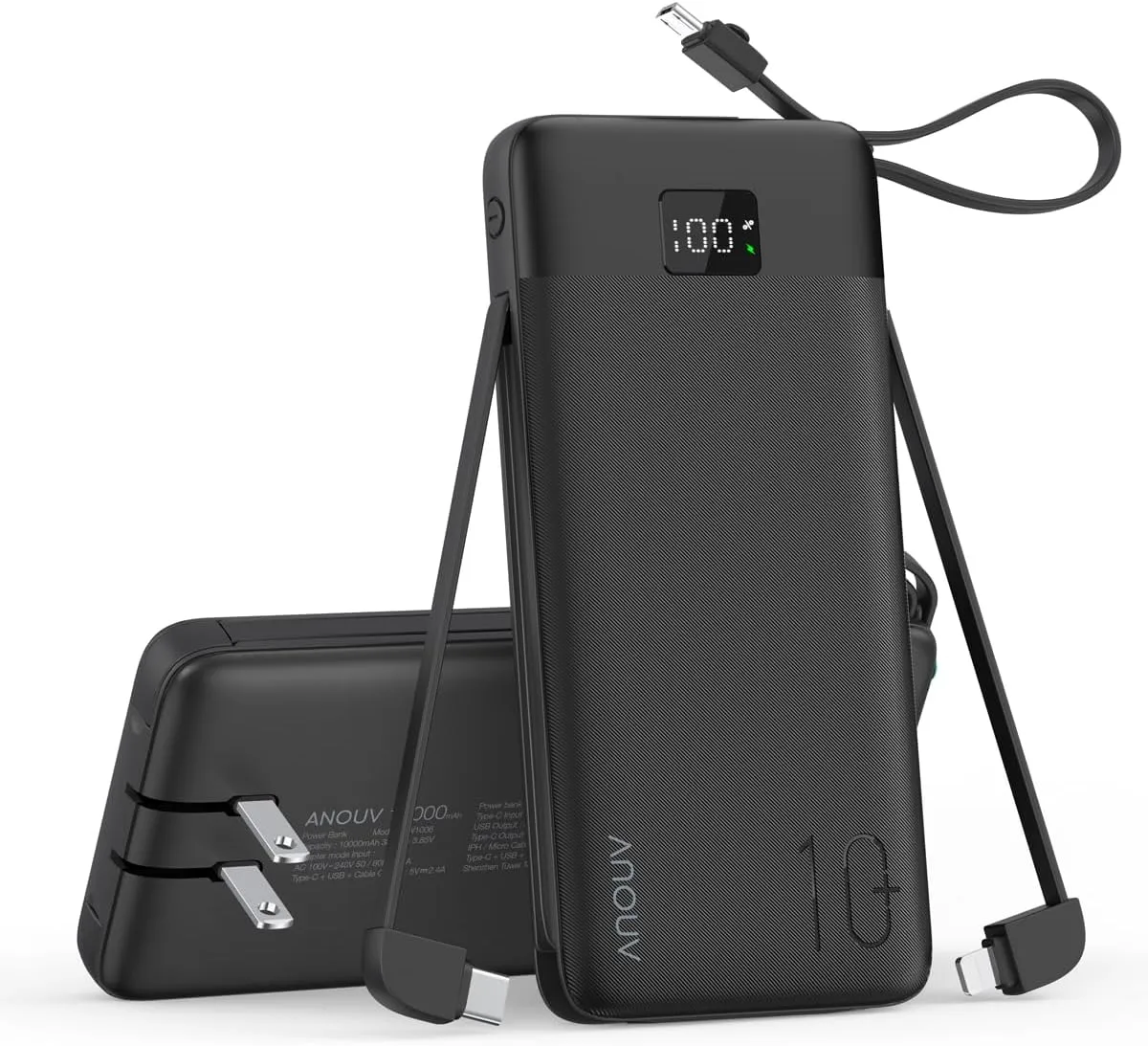 ANOUV Portable Charger with Built-in Cables&AC Wall Plug,10000mAh Power Bank,PD 22.5W USB-C Fast Charging External Battery Pack with LED Display Compatible with iPhones and All Smart Device（1 Pack）