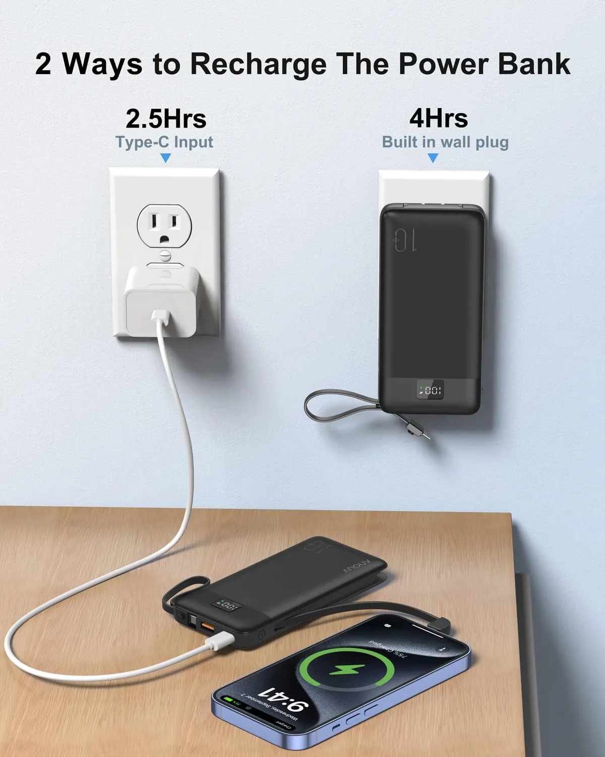 ANOUV Portable Charger with Built-in Cables&AC Wall Plug,10000mAh Power Bank,PD 22.5W USB-C Fast Charging External Battery Pack with LED Display Compatible with iPhones and All Smart Device（1 Pack）