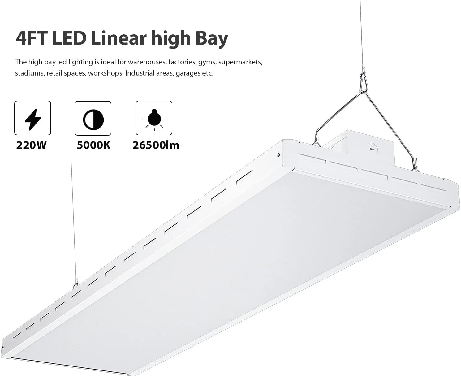 ANTLUX 4FT LED Linear High Bay Shop Light Fixture, 220W (800W Equiv.), 26500lm, 5000K, Hanging Warehouse Lights, Industrial Indoor Area Workshop Garage High Bay LED Lighting
