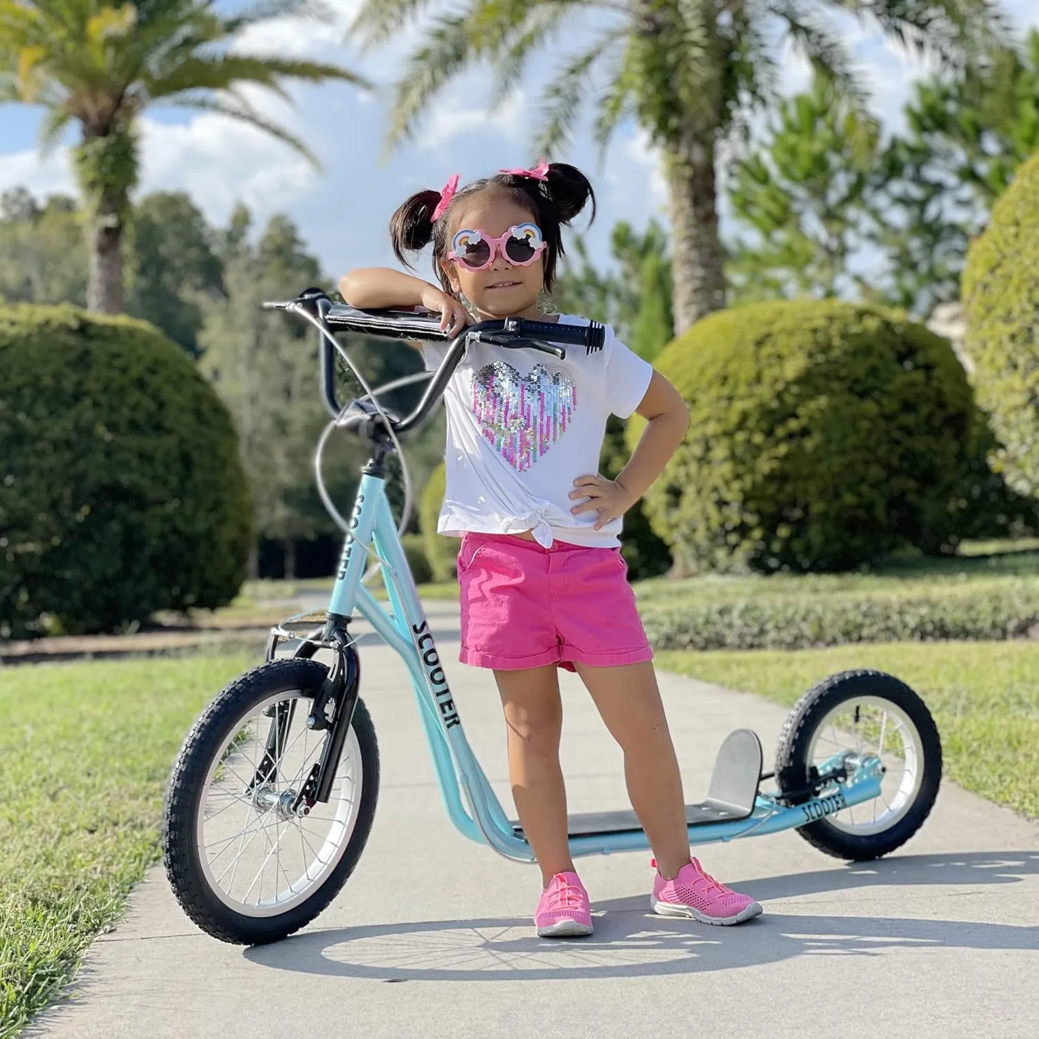 Aosom Youth Scooter, Teens Kick Scooter, Adjustable Handlebar Ride On Toy for 5  with 16" Front and 12" Rear Dual Brakes Inflatable Wheels