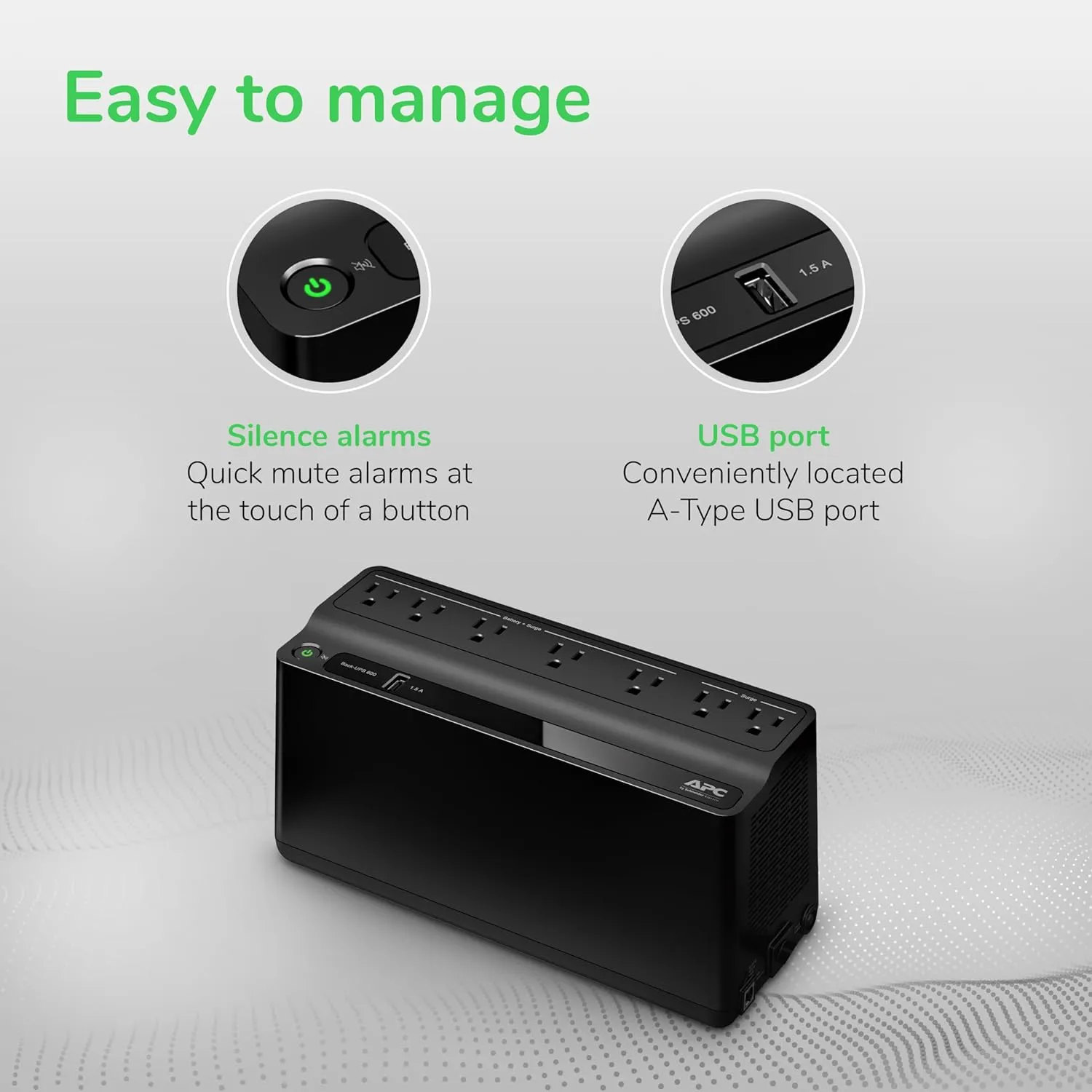 APC UPS Battery Backup and Surge Protector, 600VA/330 Watts Backup Battery Power Supply, BE600M1 Back-UPS with USB Charger Port
