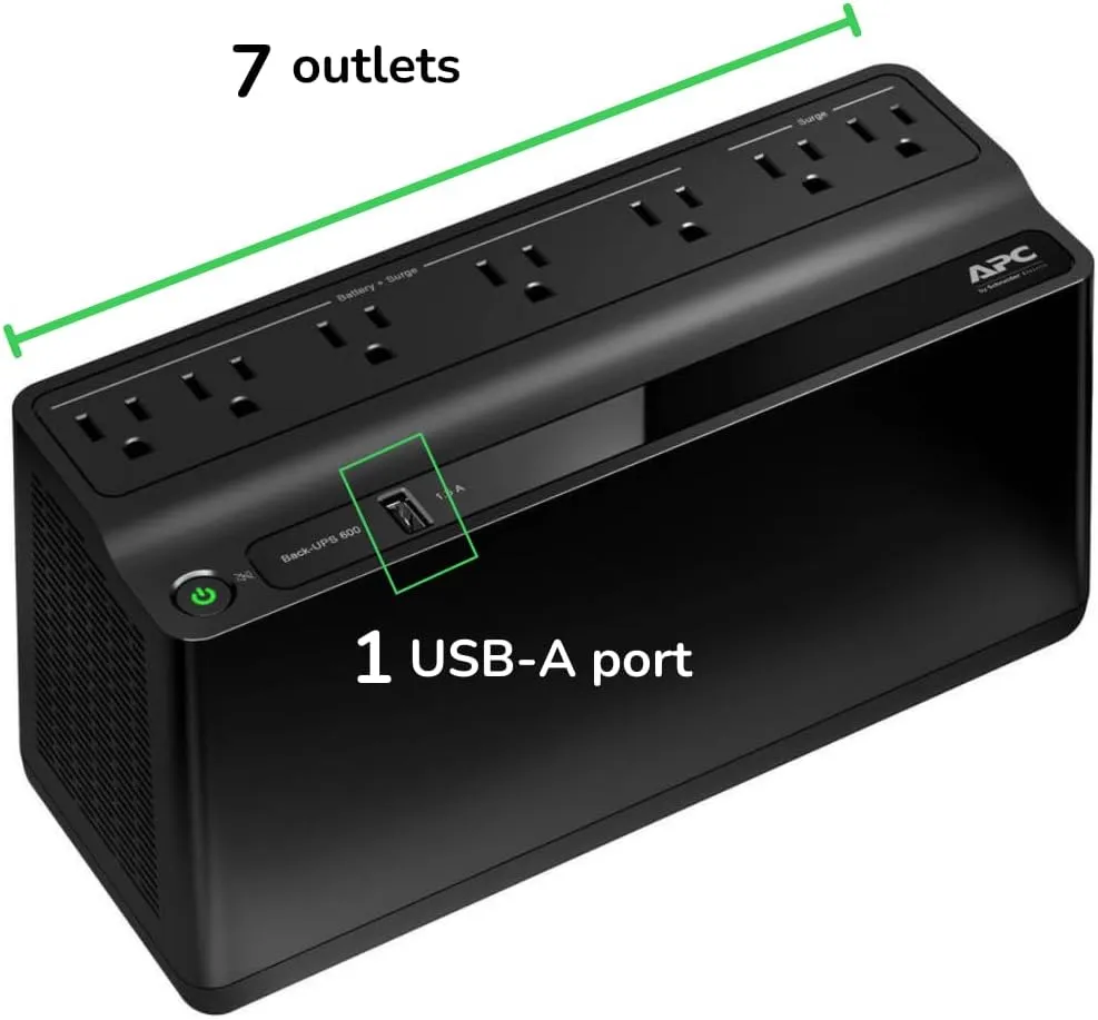 APC UPS Battery Backup and Surge Protector, 600VA/330 Watts Backup Battery Power Supply, BE600M1 Back-UPS with USB Charger Port